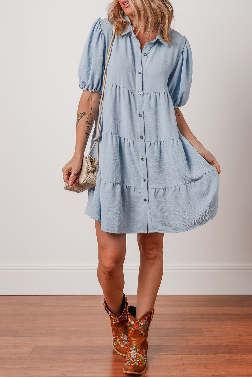 Beau Blue Shirt Collar Button Up Short Puff Sleeve Tiered Shift Dress