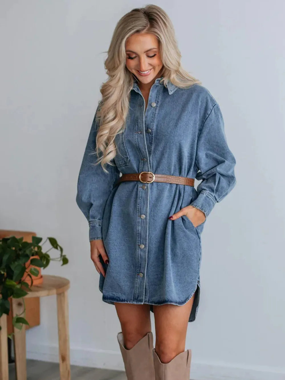 Button Up Collared Neck Long Sleeve Denim Dress Carauana Store