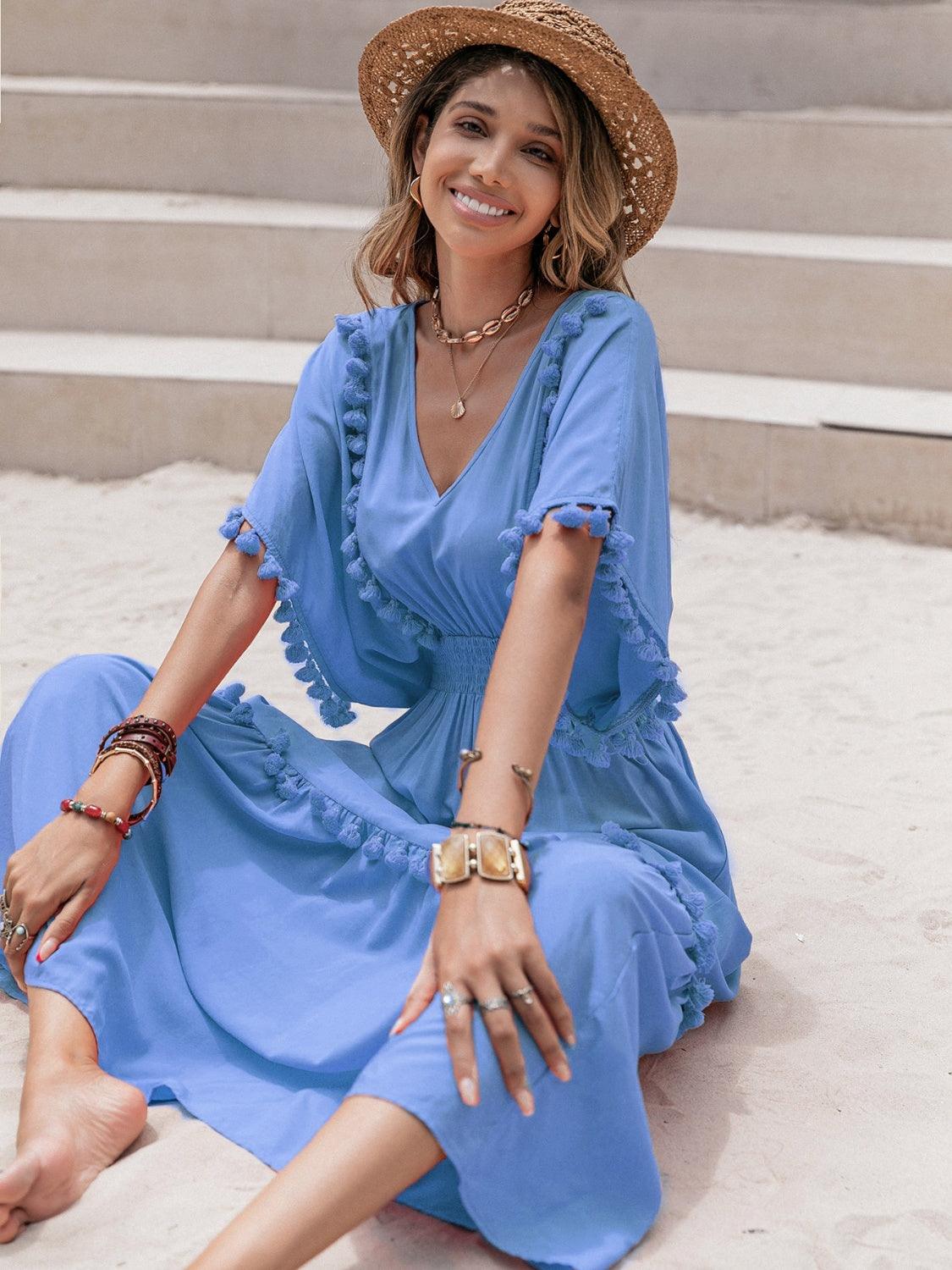 Tassel Trim Smocked V-Neck Short Sleeve Dress Carauana Store