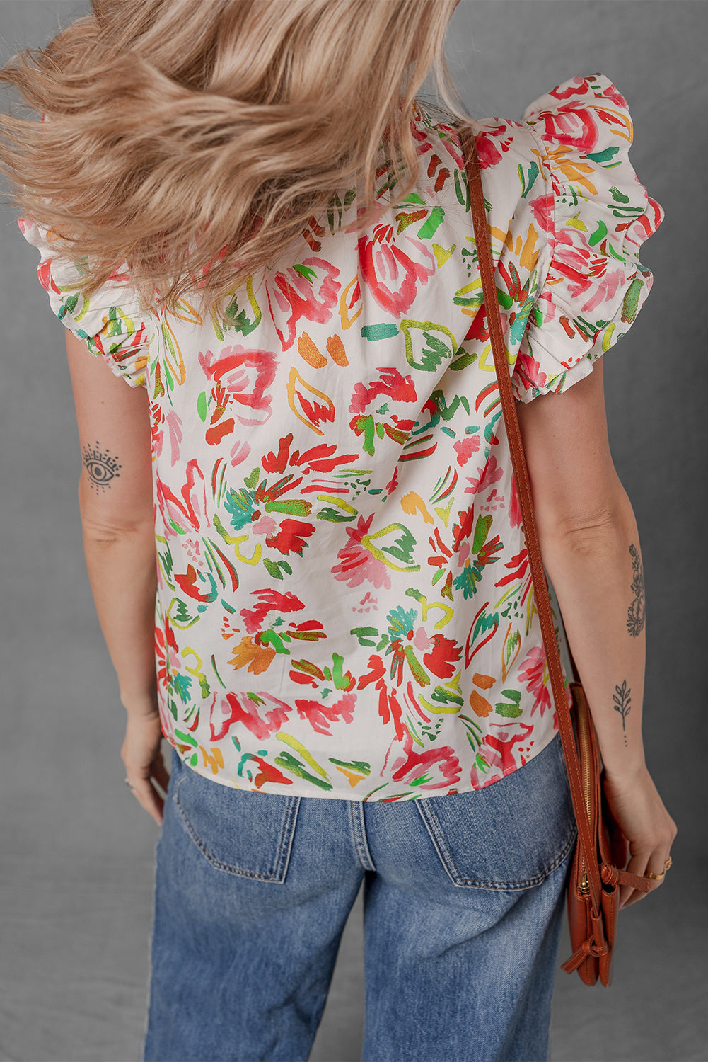 Multicolour Allover Floral Printed Flutter Sleeve Split Neck Blouse