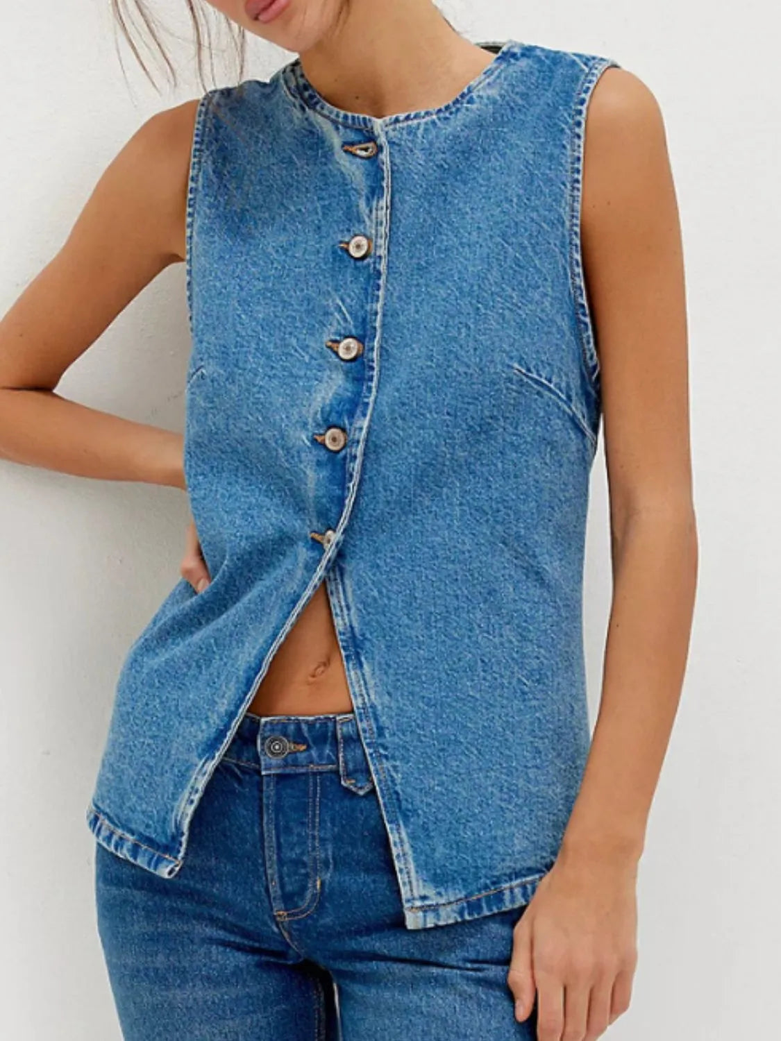 Button Down Round Neck Denim Vest Carauana Store