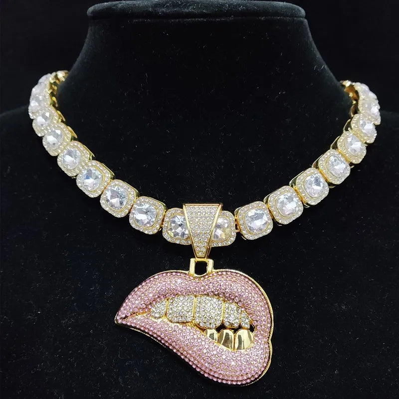 ZIDOM Bite Lip Necklace โ Rhinestone Pendant - CaRaUaNa Fashion