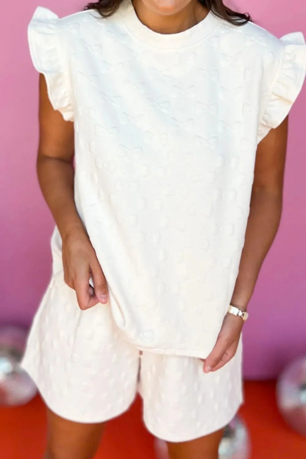 Bow Texture Round Neck Top and Shorts Set Carauana Store