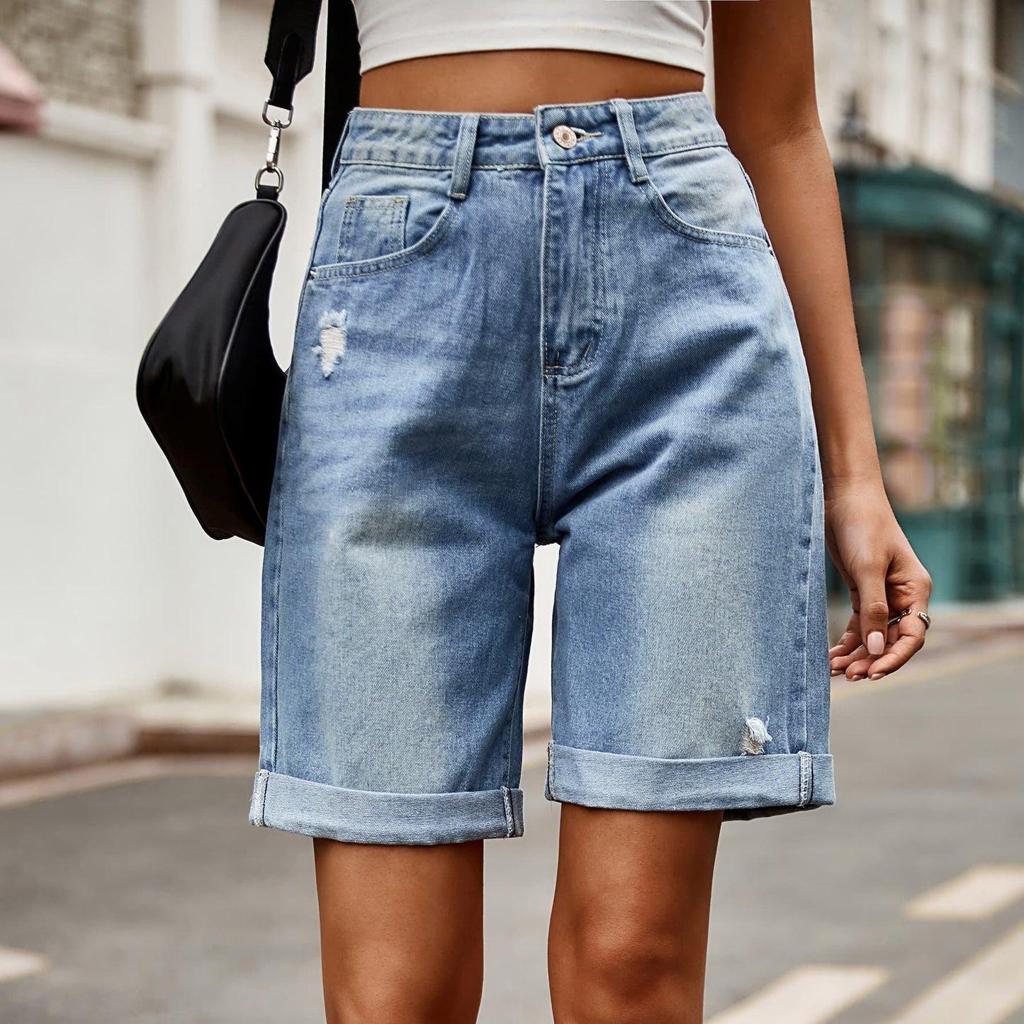 Distressed Buttoned Denim Shorts with Pockets Carauana Store