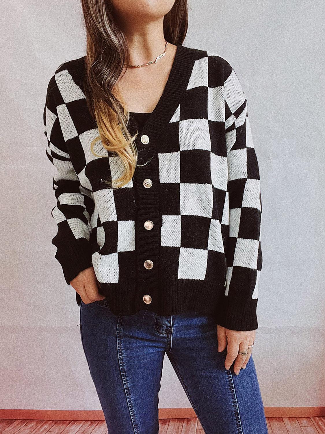 Checkered Open Front Button Up Cardigan Carauana Store