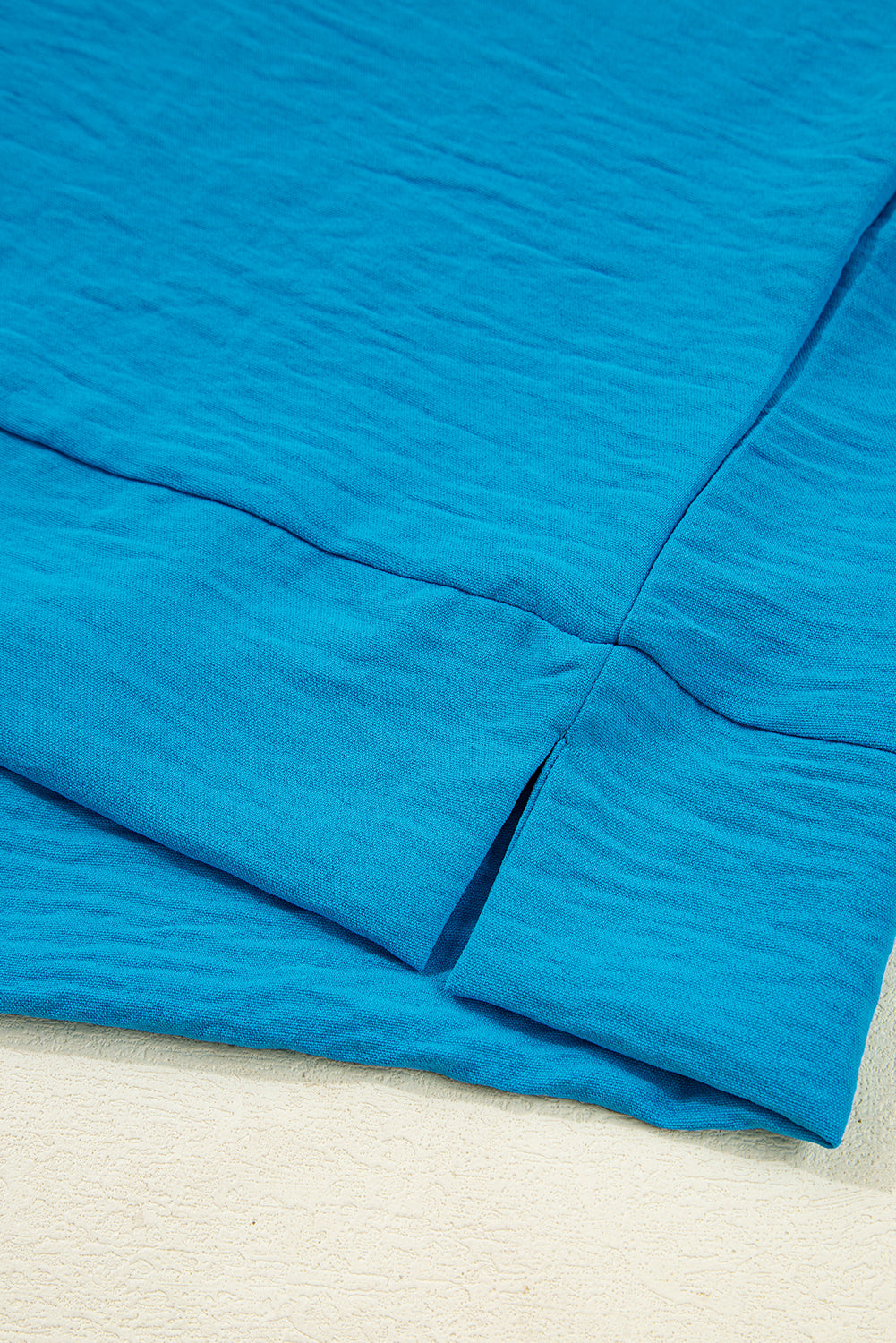 Sky Blue Frilled V Neckline Bracelet Sleeve Crinkled Blouse