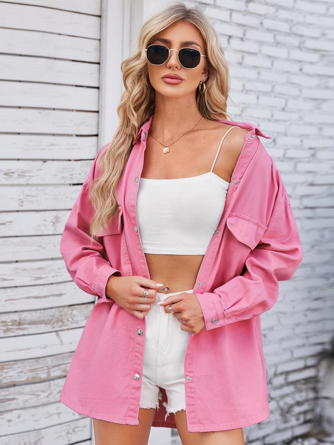 Pocketed Snap Down Dropped Shoulder Denim Shacket Carauana Store