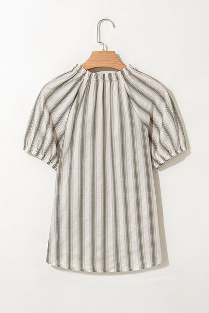 Gray Stripe Frilled Tie Neck Short Sleeve Blouse