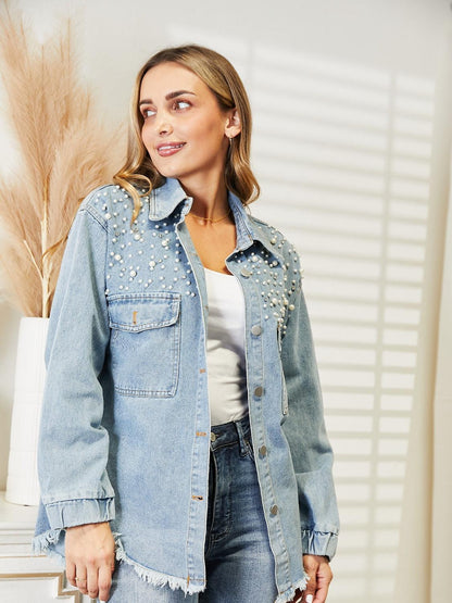 Collared Neck Raw Hem Dropped Shoulder Denim Jacket Carauana Store