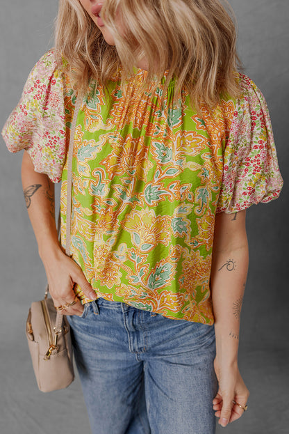 Multicolour Printed Contrast Bubble Sleeve Patchwork Blouse