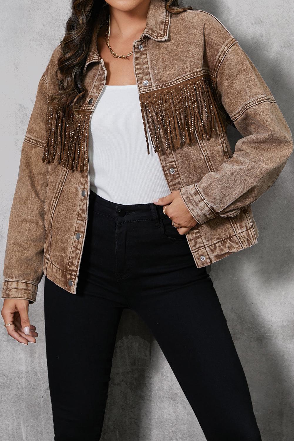 Fringe Trim Snap Down Denim Jacket Carauana Store