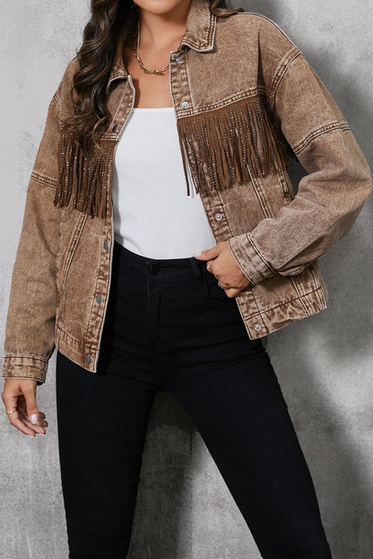 Fringe Trim Snap Down Denim Jacket Carauana Store