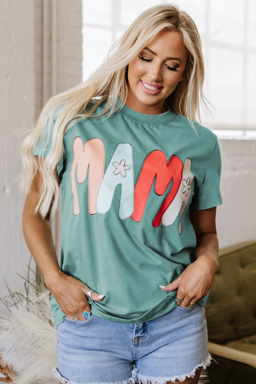 Sea Green MAMA Printed Mineral Wash Crewneck T Shirt