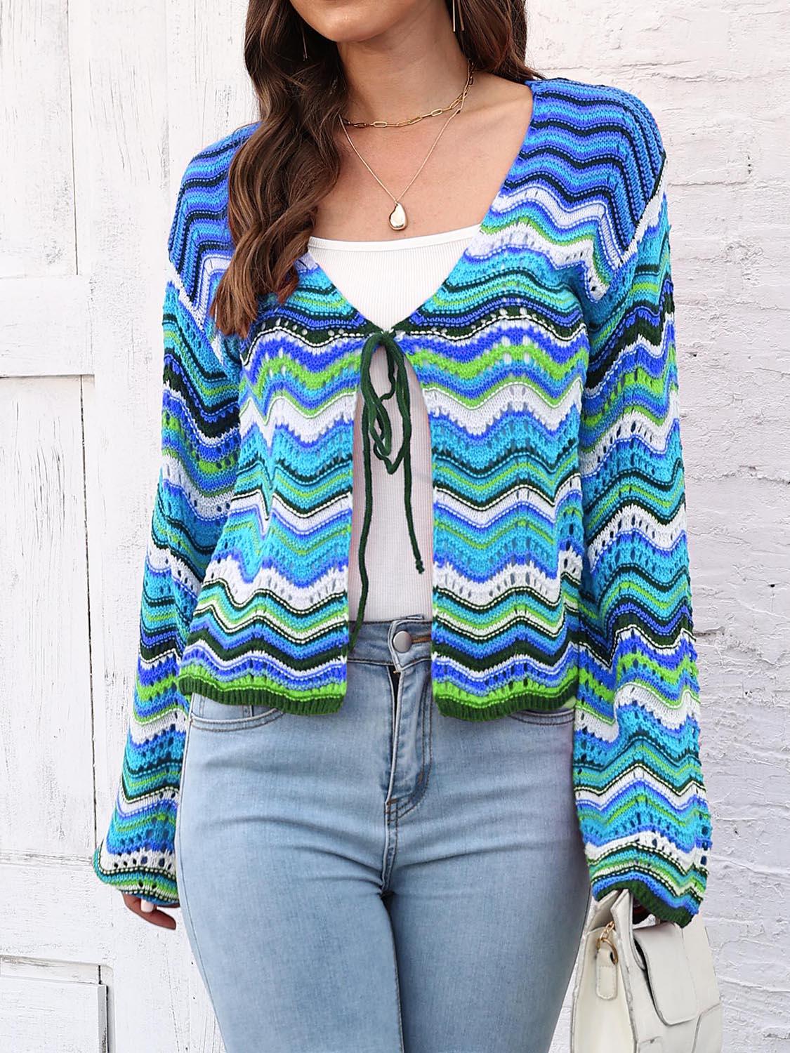 Striped Openwork Tied Cardigan Carauana Store