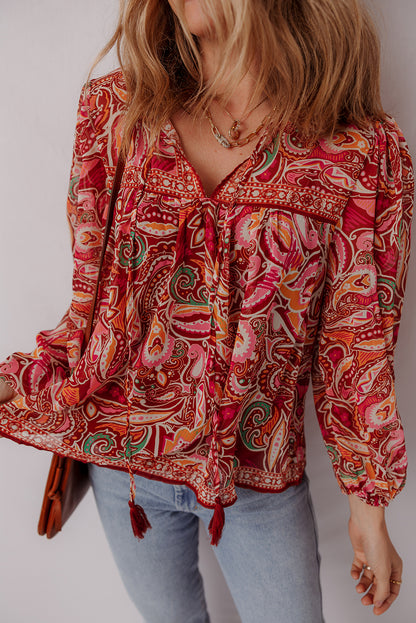 Multicolour Ethnic Paisley Print Tassel Tie Puff Sleeve Boho Blouse