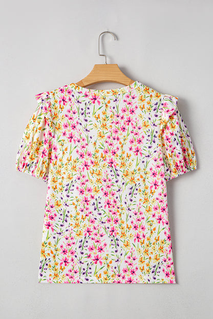 Pink Floral Puff Short Sleeve Crewneck Blouse