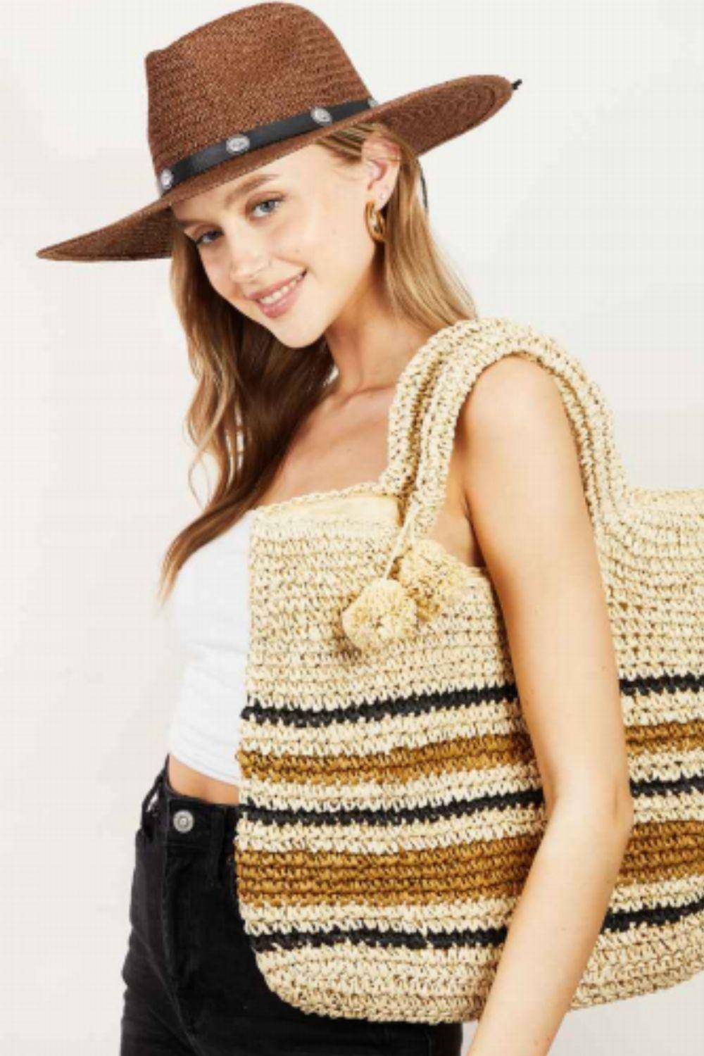 Fame Striped Straw Braided Tote Bag Carauana Store