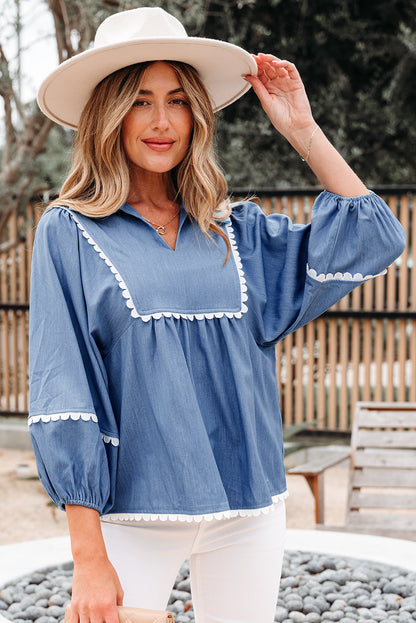 Dusk Blue Lace Ric Rac 3/4 Puff Sleeve Collared Babydoll Blouse