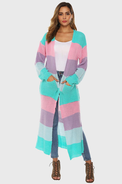Color Block Long Sleeve Pocketed Cardigan Carauana Store