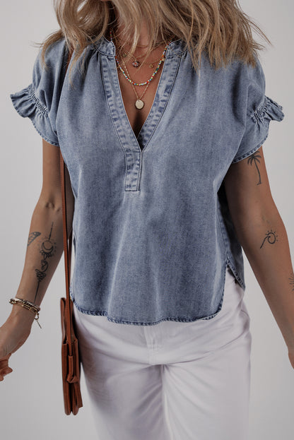 Dusk Blue V Neck Ruffled Short Puff Sleeve Denim Top