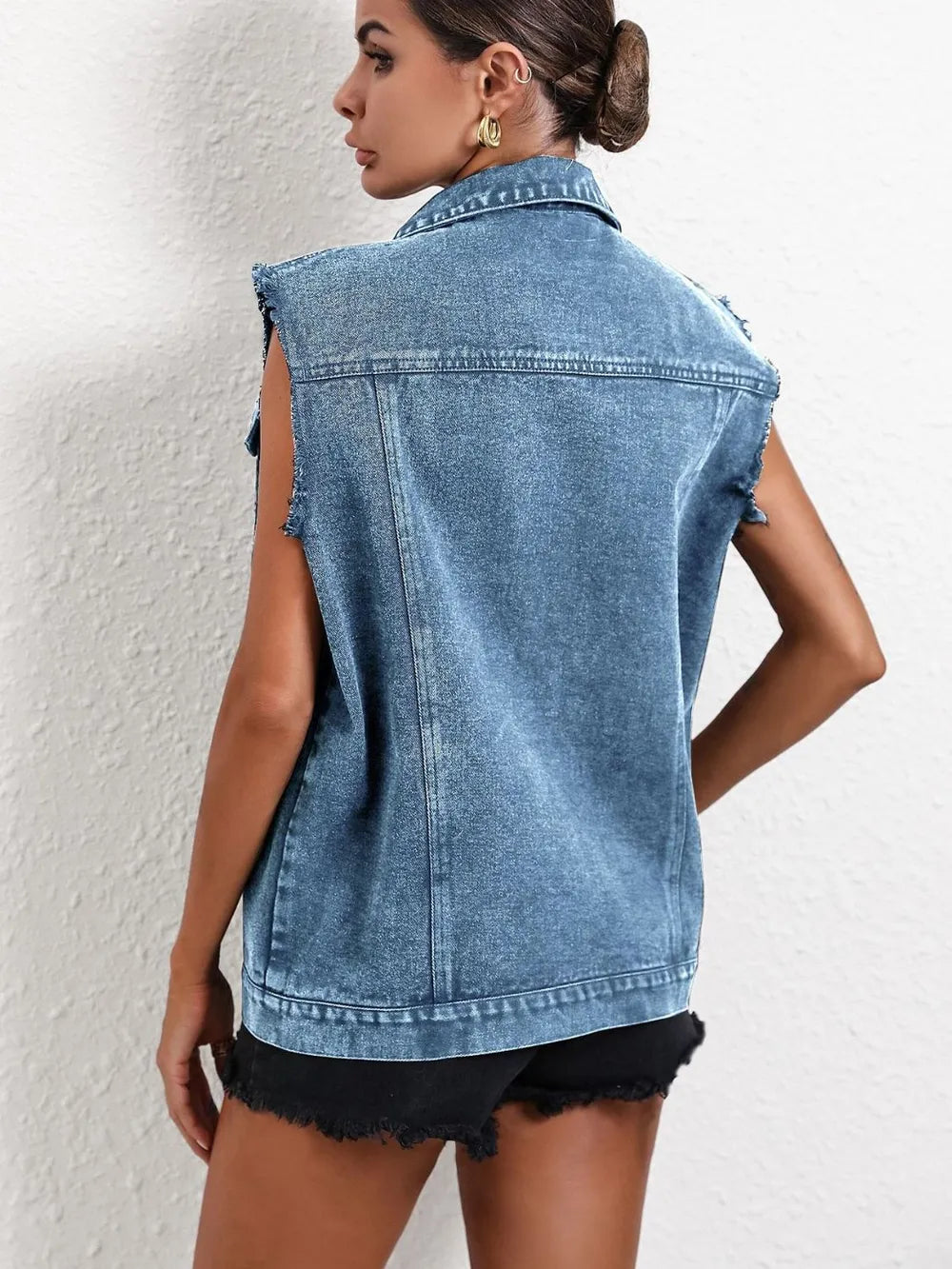 Pocketed Collared Neck Sleeveless Denim Top Carauana Store