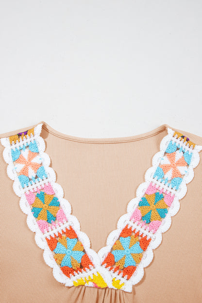 Pale Chestnut Crochet Floral V Neck Textured Short Sleeve Blouse