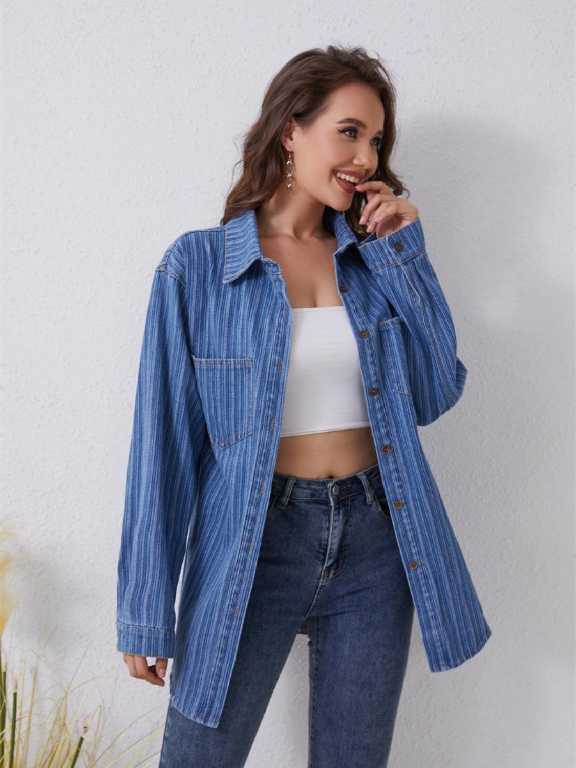 Pocketed Striped Button Up Denim Shirt Carauana Store