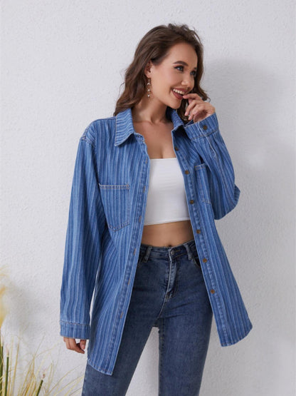 Pocketed Striped Button Up Denim Shirt Carauana Store
