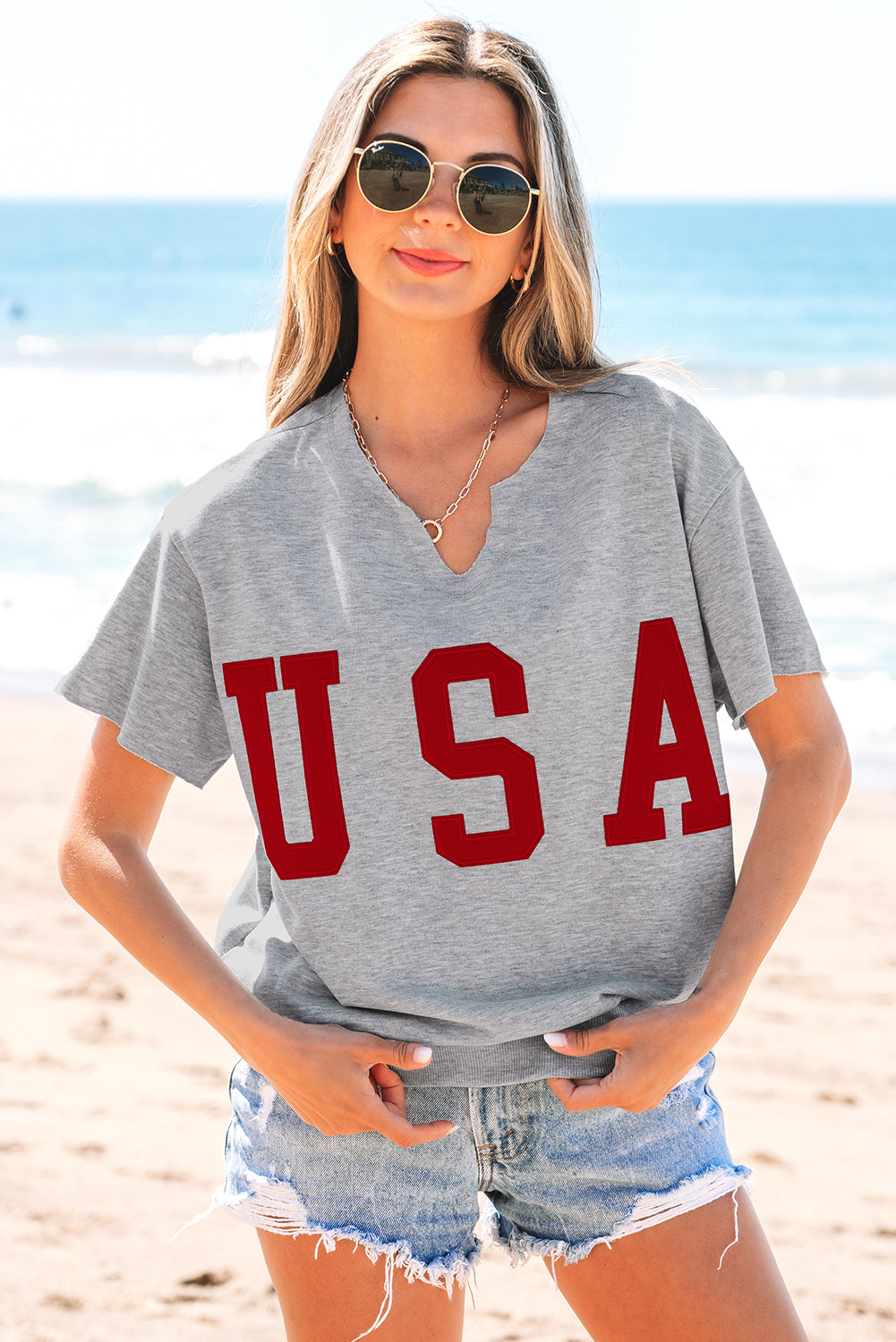 Light Grey USA Lettering Patch Notched Neck Loose Tee