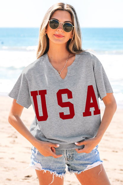 Light Grey USA Lettering Patch Notched Neck Loose Tee