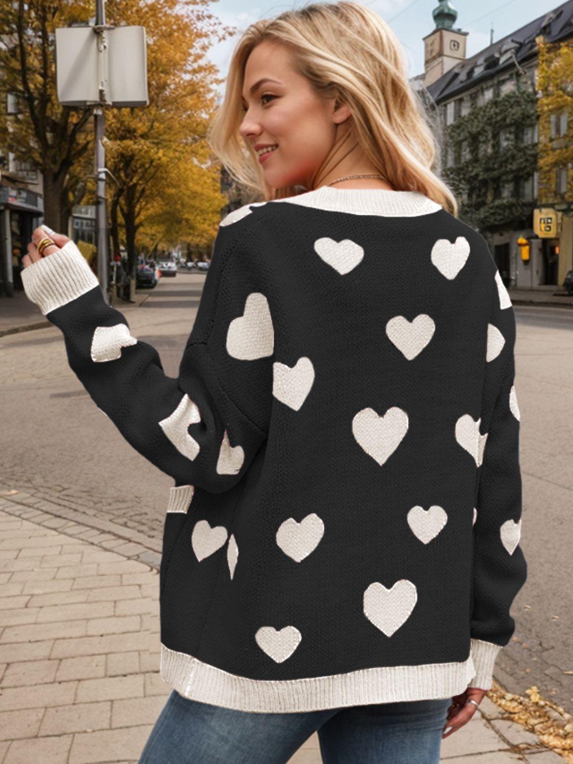 Heart Button Up Dropped Shoulder Long Sleeve Cardigan Carauana Store