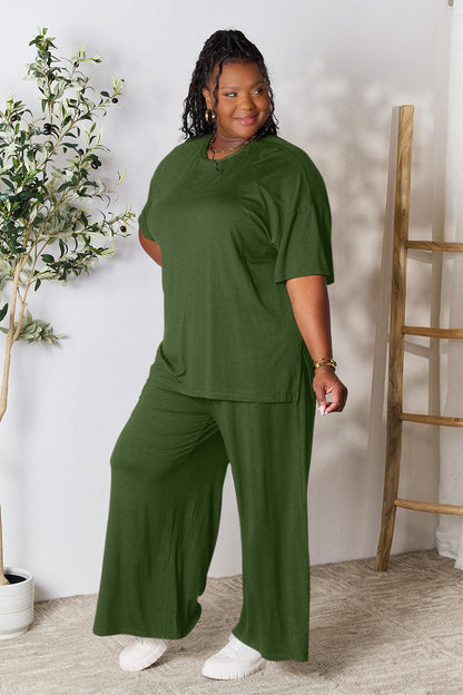 Double Take Full Size Round Neck Slit Top and Pants Set Carauana Store