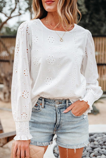 White Eyelet Embroidered Smocked Cuff Sheer Blouse
