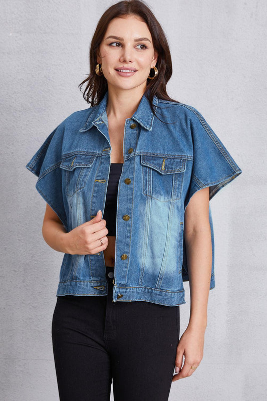 Pocketed Button Up Short Sleeve Denim Top Carauana Store