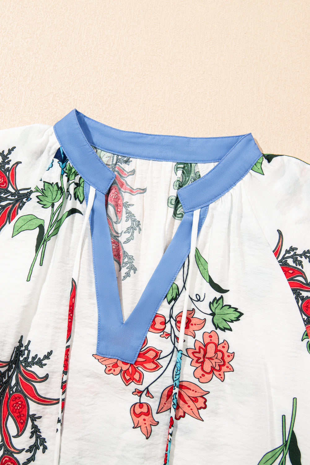 White Floral Print Contrast V Neck Tassel Tie Lace Detail Short Sleeve Blouse