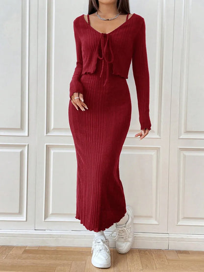 Cami Dress and Tied Long Sleeve Cardigan Set Carauana Store