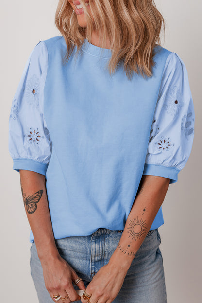 Beau Blue Eyelet Flower Embroidered Puff Short Sleeve Patchwork Crew Neck Blouse