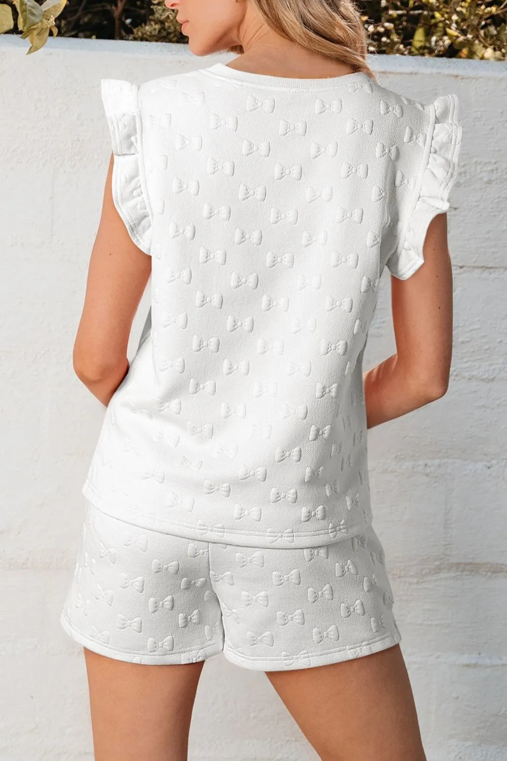 Bow Texture Round Neck Top and Shorts Set Carauana Store