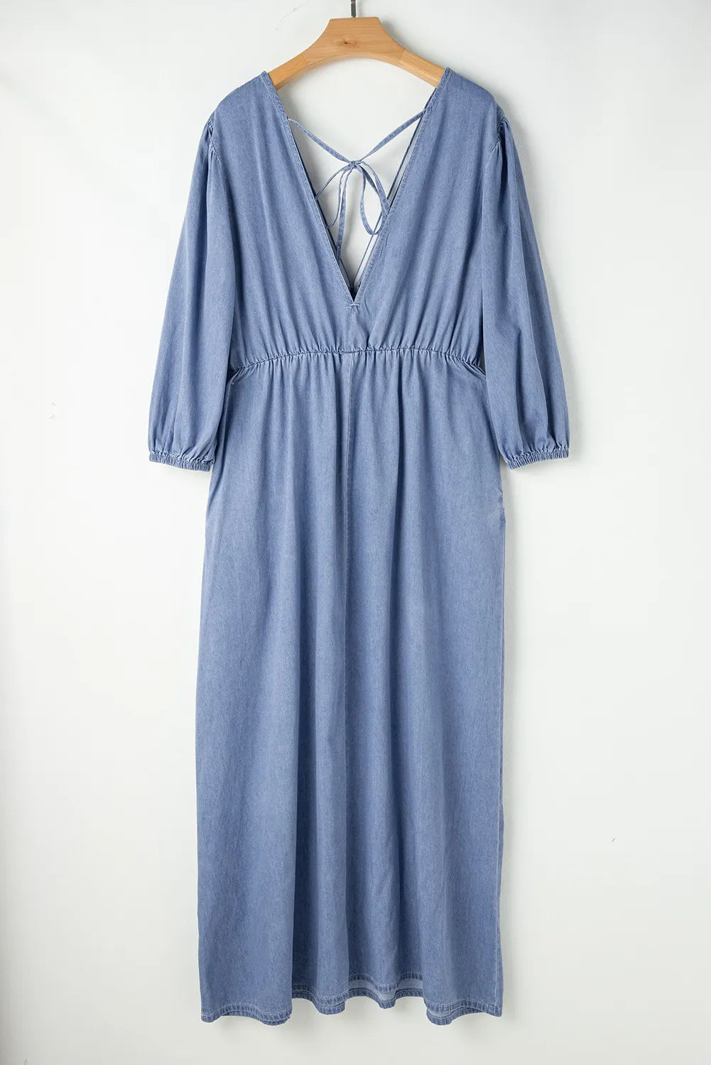 Tied Plunge Three-Quarter Sleeve Denim Dress Carauana Store