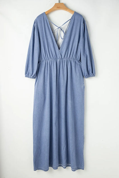 Tied Plunge Three-Quarter Sleeve Denim Dress Carauana Store