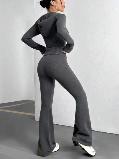Zip Up Hooded Top and Flare Pants Sweater Set Carauana Store