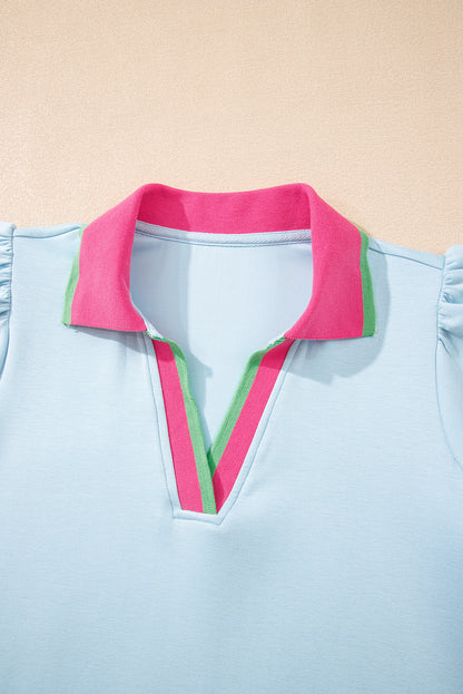 Beau Blue Color Contrast Ruffled Sleeve Collared V Neck Blouse