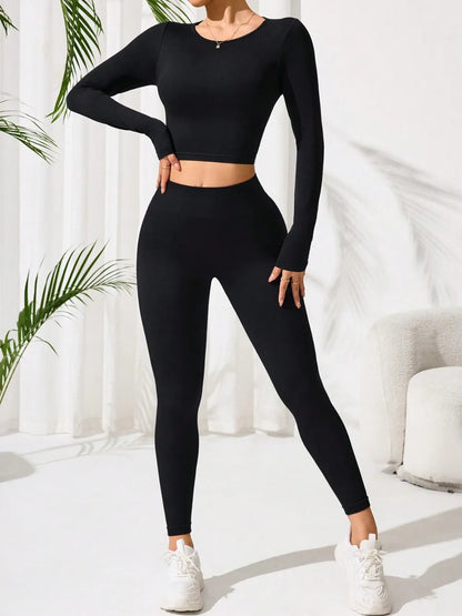 Lace-Up Back Round Neck Top and Leggings Active Set Carauana Store
