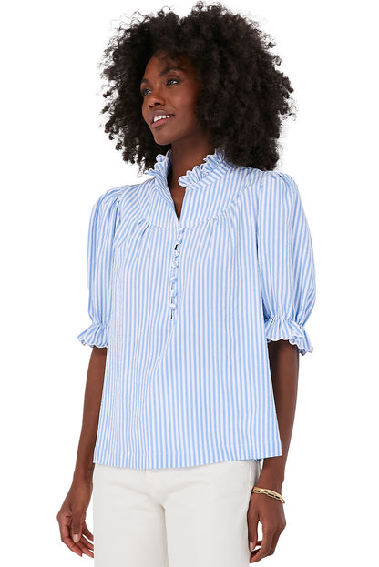 Sky Blue Stripe Ruffled Collar Puff Sleeve Half Buttons Blouse