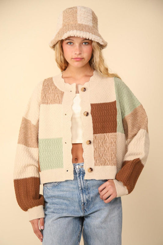 VERY J Color Block Button Down Textured Sweater Cardigan Carauana Store