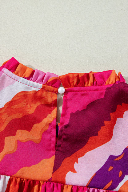 Rose Abstract Print Shirred Yoke Ruffled Blouse