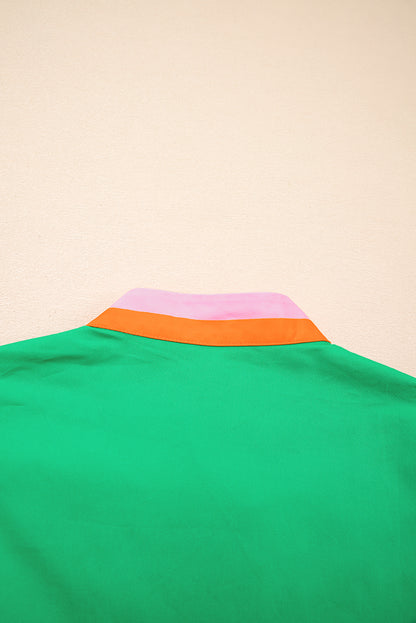 Bright Green Contrast Striped V Neck Collision Short Puff Sleeve Blouse