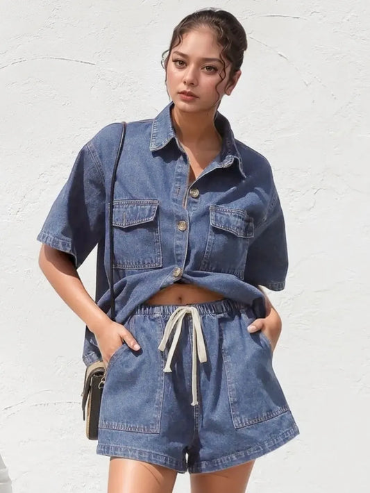 Collared Neck Button Up Top and Shorts Denim Set Carauana Store