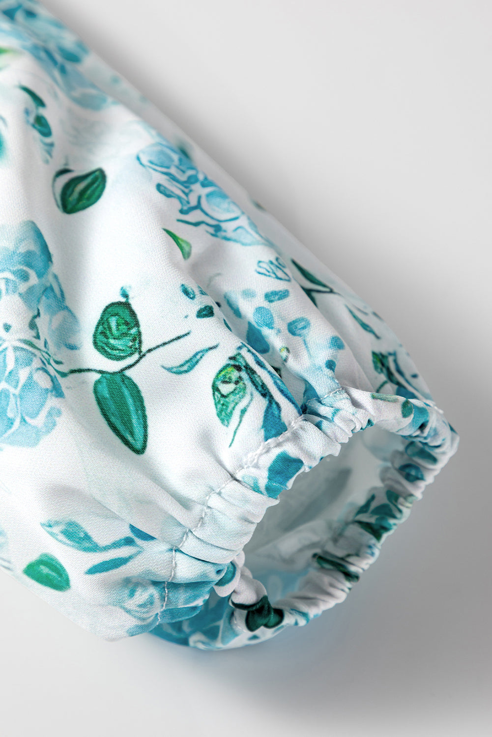 Sky Blue Floral Print Frilled Trim Tie Neck Elastic Cuffs Long Sleeve Blouse