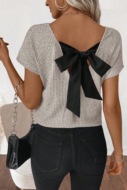 Gray Morn Ribbed Short Sleeve V Neck Colorblock Bow Back Top